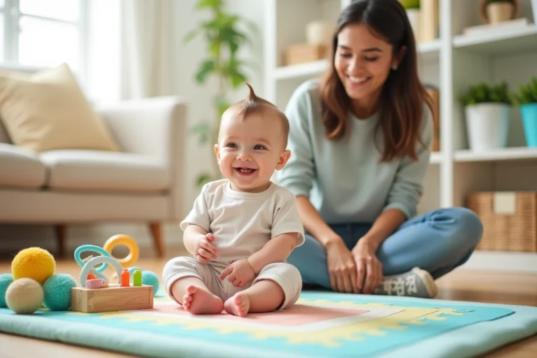 Bébé de 8 mois assis sur un tapis de jeu entouré de jouets d'éveil colorés avec sa mère souriante dans un salon chaleureux