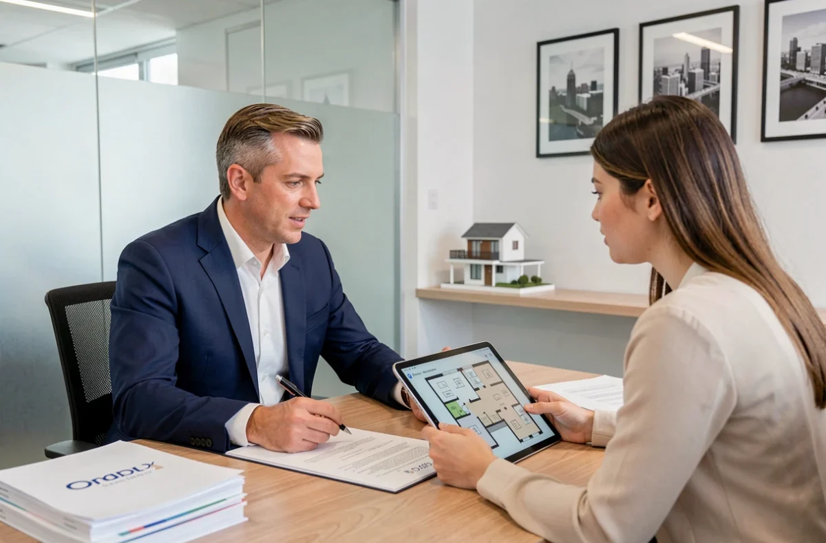 Agent immobilier spécialisé conseillant une cliente dans une agence moderne autour de documents de propriété