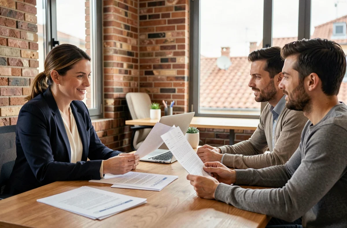 Agent immobilière expliquant un contrat d'achat à un couple dans une agence à Toulouse
