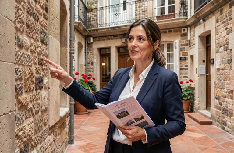 Agent immobilière professionnelle présentant un bien immobilier dans une cour typique de Lyon avec architecture en pierre