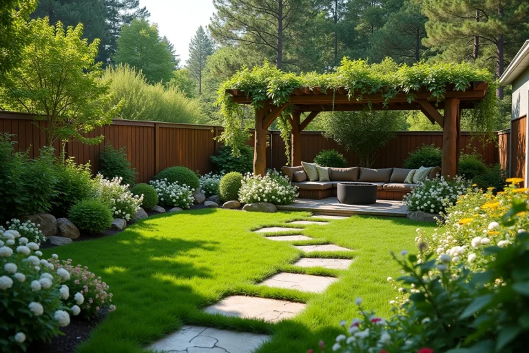 Vue d'ensemble d'un jardin résidentiel créatif et aménagé avec diversité végétale, pergola, chemin en pas japonais et coin feu