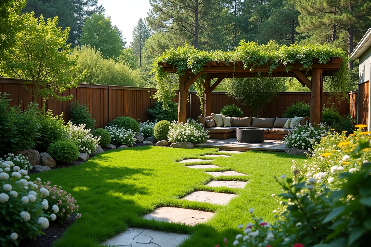 Vue d'ensemble d'un jardin résidentiel créatif et aménagé avec diversité végétale, pergola, chemin en pas japonais et coin feu