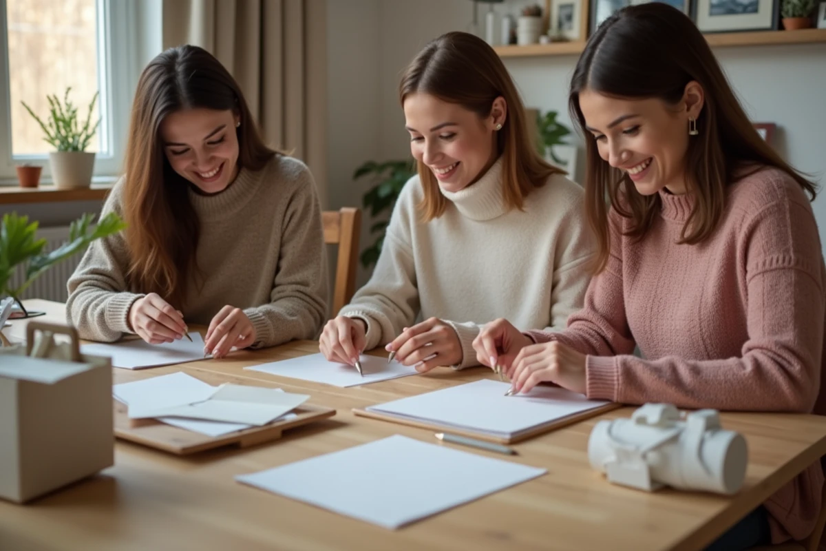 Amis créant des invitations de mariage à la maison