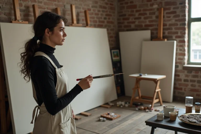 Artiste émergente Astrée Lhermitte-Soka peignant dans son atelier industriel avec des toiles empilées en arrière-plan
