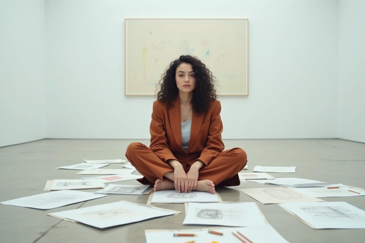 Astrée Lhermitte-Soka assise entourée de ses dessins abstraits dans une galerie d'art minimaliste