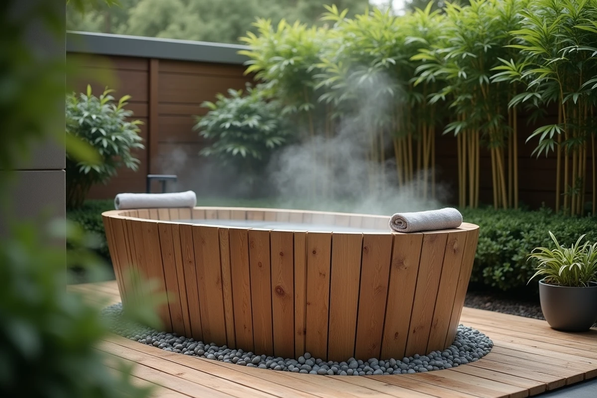 Bain nordique en bois de cèdre dans un jardin privé entouré de fougères, pierres et bambous pour un espace bien-être extérieur