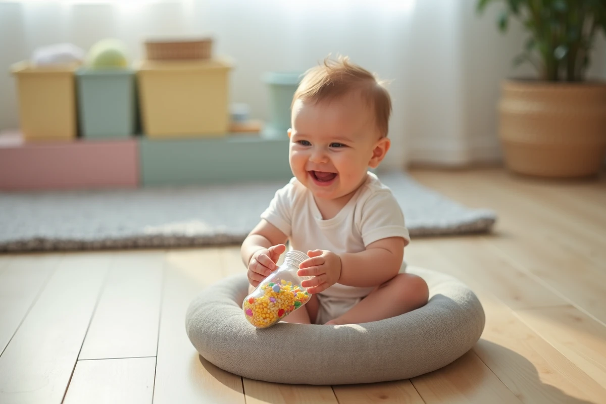 Bébé de 8 mois assis tenant et secouant une bouteille sensorielle transparente remplie de graines de riz colorées avec un grand sourire
