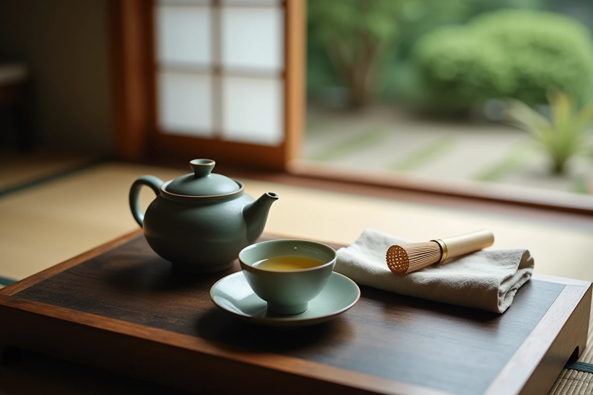 Cérémonie du thé bio avec théière en céramique artisanale et tasse de thé vert sur table en bois sombre