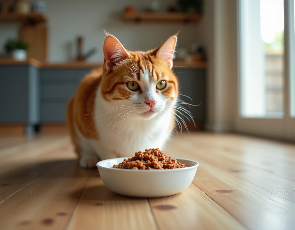 Chat roux adulte mangeant de la nourriture humide premium dans un bol en céramique sur un parquet de cuisine