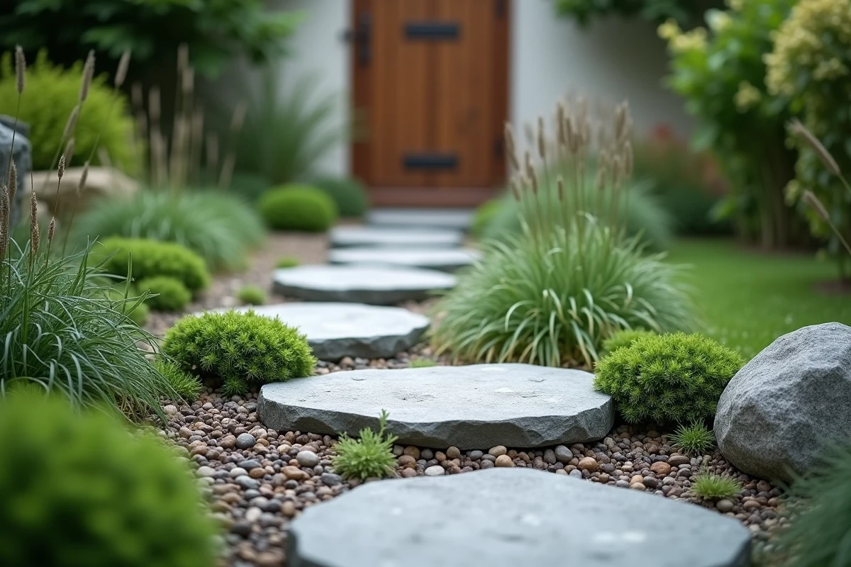 Chemin en pas japonais avec dalles en pierre irrégulières et couvre-sols de thym et mousse poussant entre les dalles