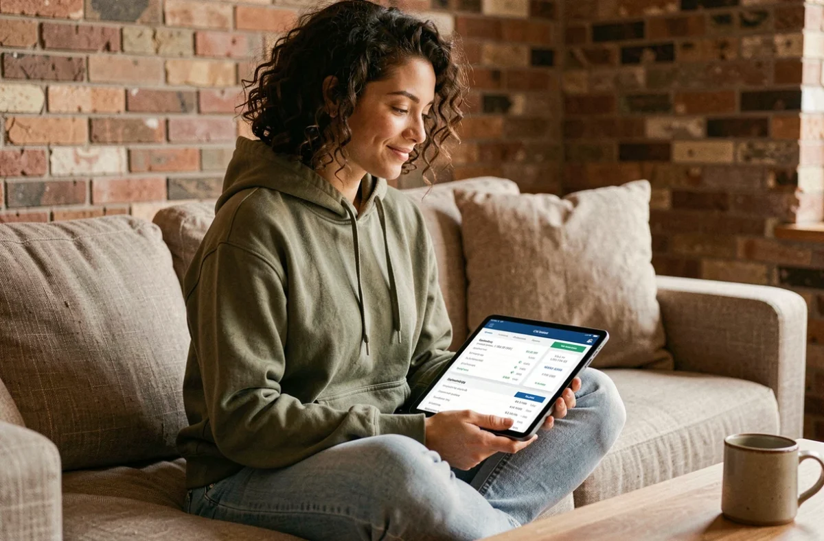 Jeune femme consultant un comparatif d'hébergement web sur tablette dans un salon chaleureux