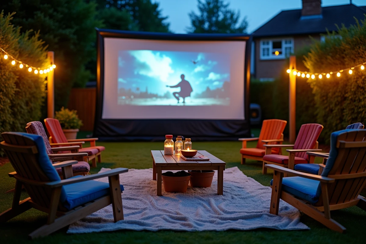 Projection de film en plein air dans un jardin sur mur blanc avec chaises dépareillées, guirlandes lumineuses et bols de popcorn