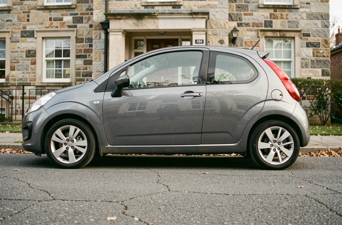 Citroën C2 garée en milieu urbain avec vue sur les pneus et les jantes d'origine adaptés au véhicule