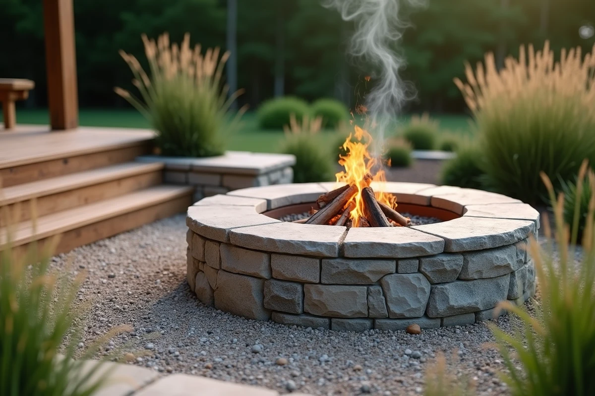 Coin feu de camp en pierre intégré au paysage du jardin avec des herbes ornementales et des sièges en pierre naturelle