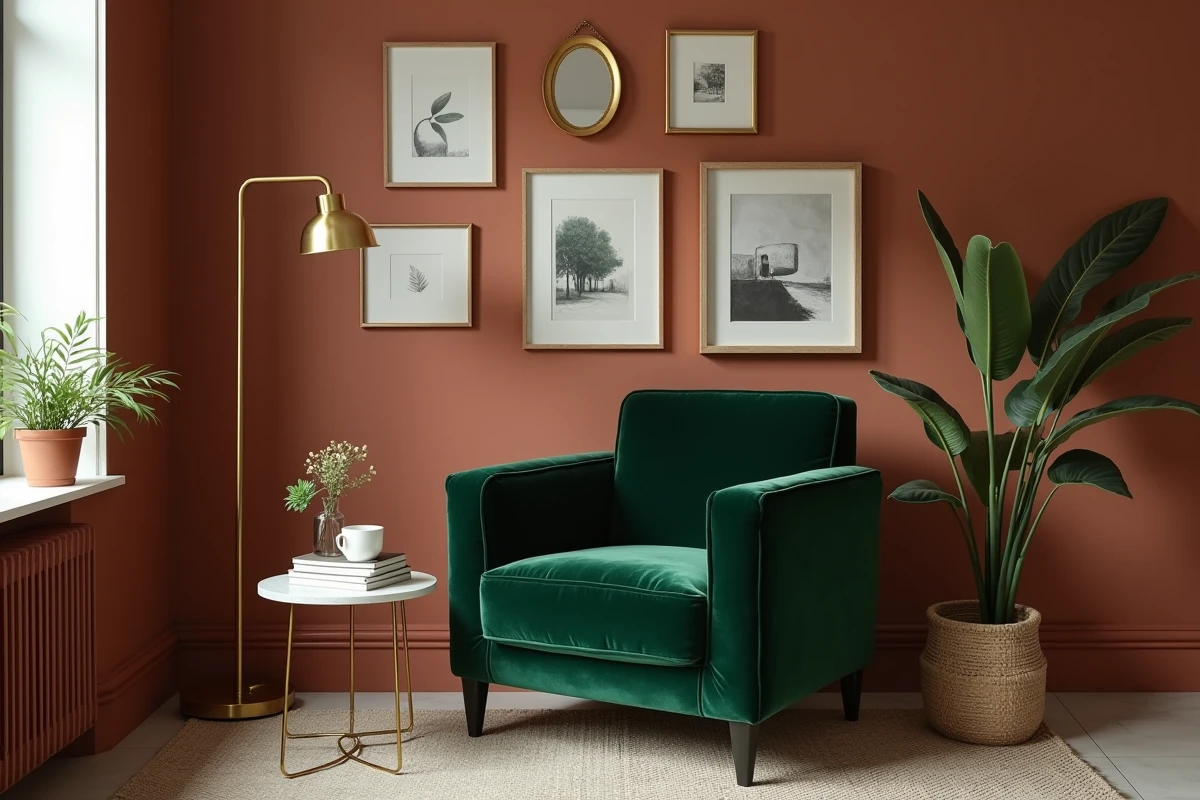 Coin lecture cosy avec fauteuil en velours vert, table en marbre et mur en terracotta orné de cadres décoratifs