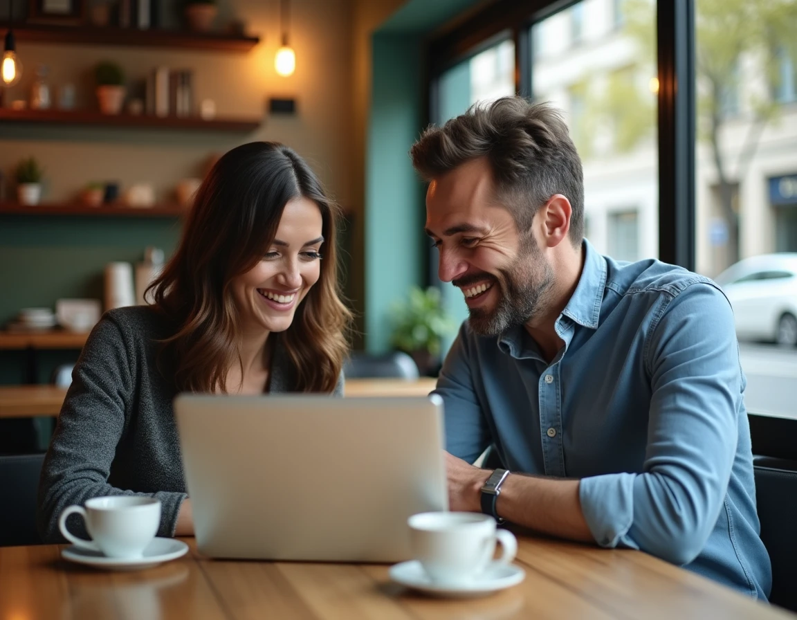 Deux collègues discutant de conseils carrière et d'offres d'emploi autour d'un ordinateur portable dans un café