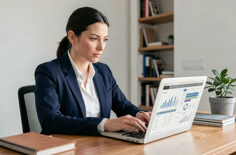 Femme en blazer navy comparant des offres d'hébergement web sur un ordinateur portable dans un bureau moderne