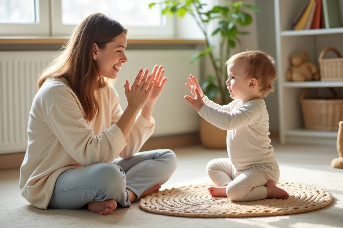 Mère et bébé de 8 mois face à face sur un tapis, la mère effectuant des gestes de comptine avec les bras levés pendant que bébé l'imite