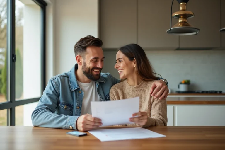 Jeune couple souriant en train de revoir des documents immobiliers
