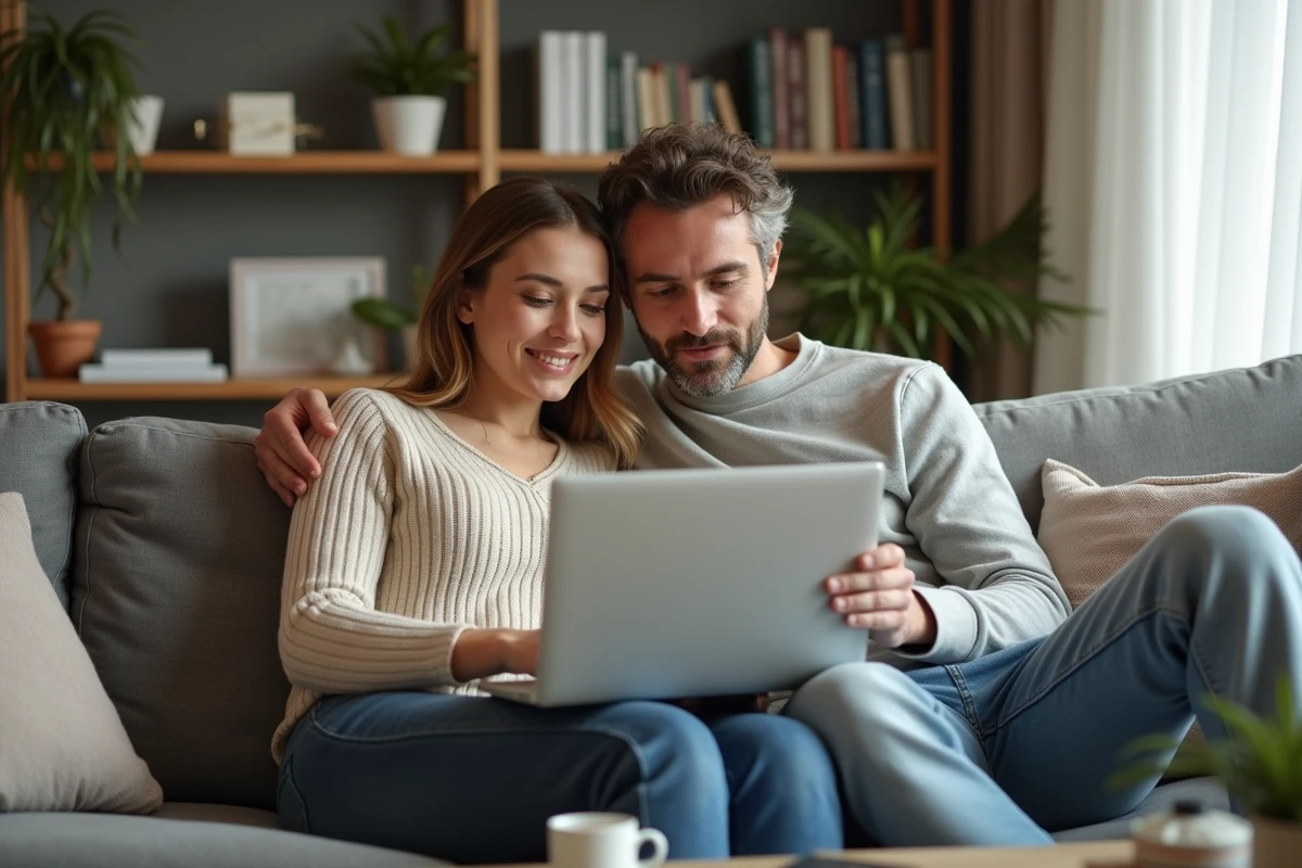 Couple recherchant ensemble des ressources utiles pour la maison sur un ordinateur portable dans le salon