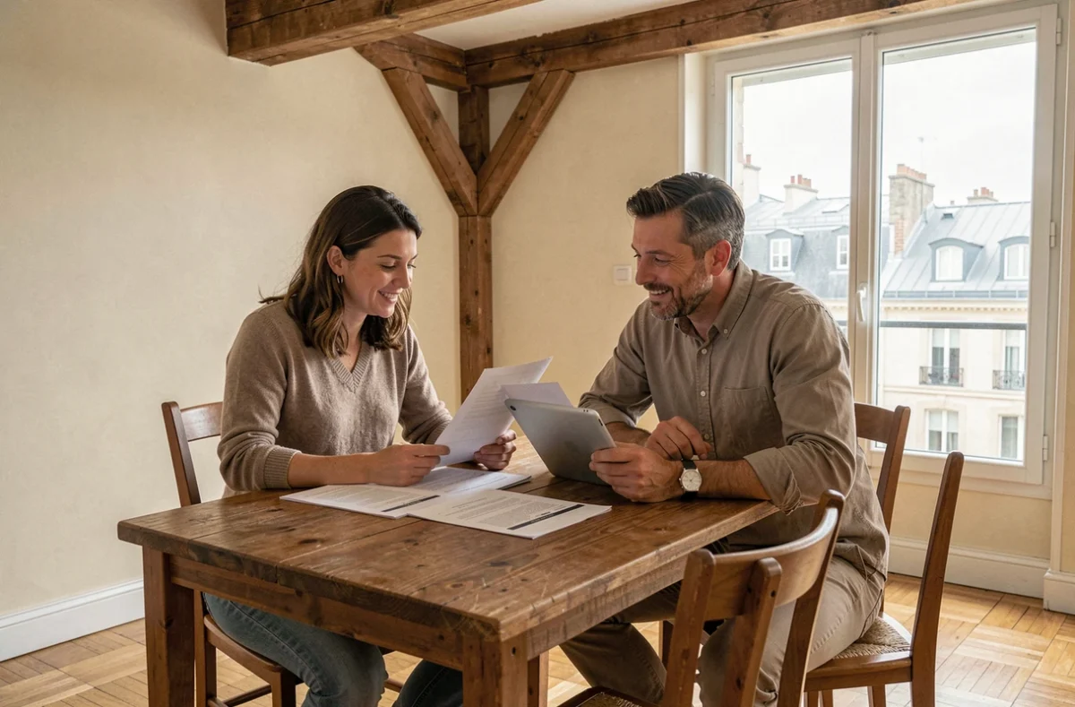Couple consultant des documents immobiliers dans un appartement rénové avec vue sur les toits de Lyon