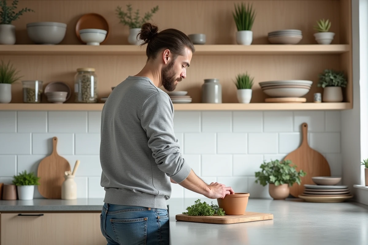 Homme réorganisant la décoration d'une cuisine scandinave avec des étagères en bois, céramiques artisanales et plantes succulentes