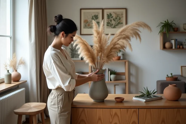 Femme arrangeant des fleurs séchées dans un vase en céramique sur un buffet en bois dans un salon décoré avec style