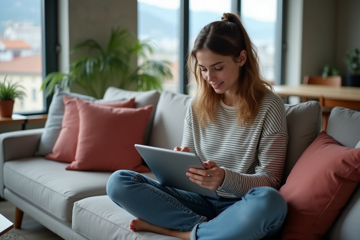 Jeune femme consultant un guide de dépannage webmail sur une tablette dans un appartement moderne à Grenoble