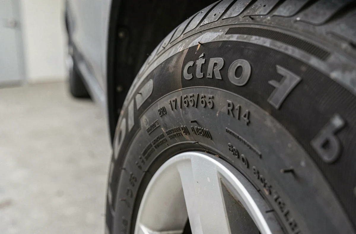 Gros plan sur le flanc d'un pneu Citroën C2 montrant les dimensions et marquages réglementaires