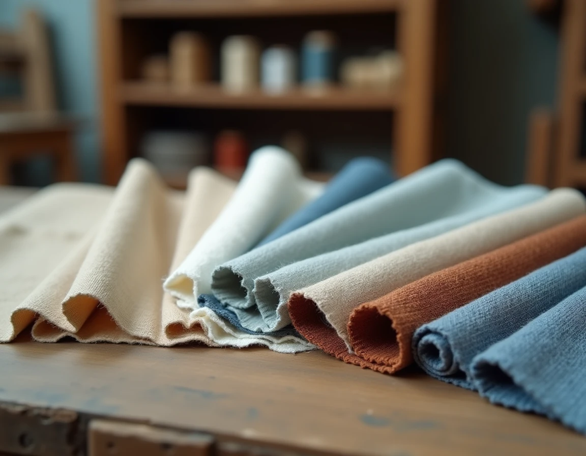 Échantillons de tissus textiles variés en coton lin laine et soie disposés sur une table en bois, montrant les différentes textures et caractéristiques des matières