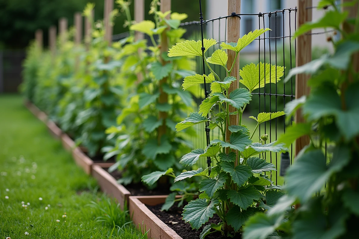 Écran végétal comestible en guise de clôture avec arbres fruitiers en espalier, haricots grimpants et framboisiers en rangée