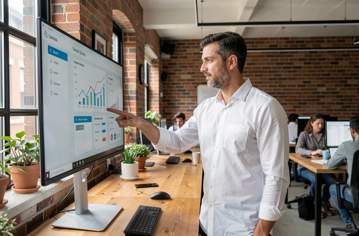 Entrepreneur analysant des données commerciales sur un écran dans un espace de travail moderne et ouvert