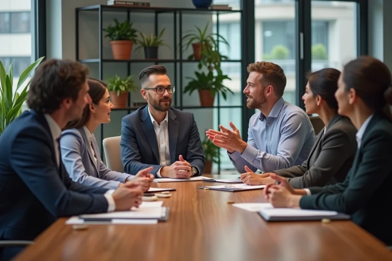 Groupe de professionnels en réunion dans un bureau moderne