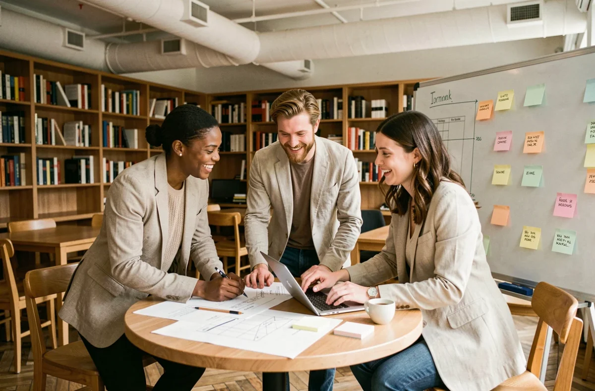 Équipe de professionnels collaborant autour d'un projet sur mesure dans un espace de coworking moderne