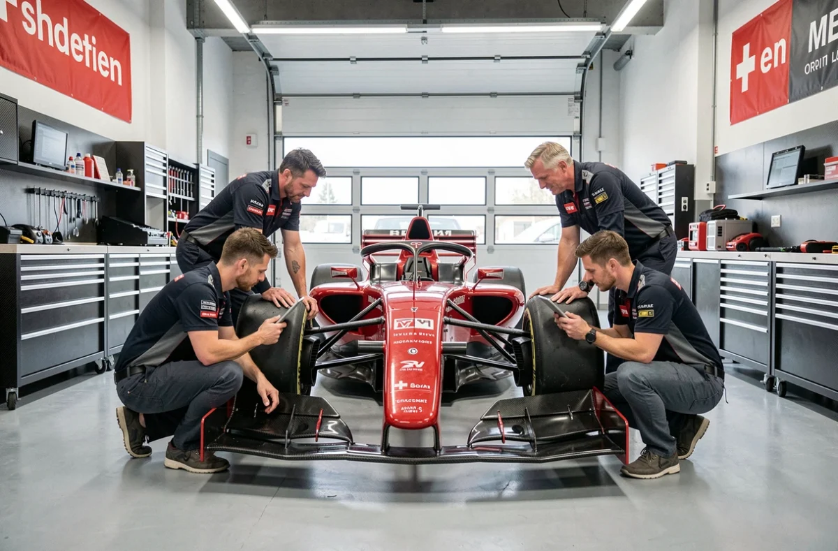 Équipe d'ingénieurs de sport automobile travaillant sur une monoplace dans un garage suisse moderne