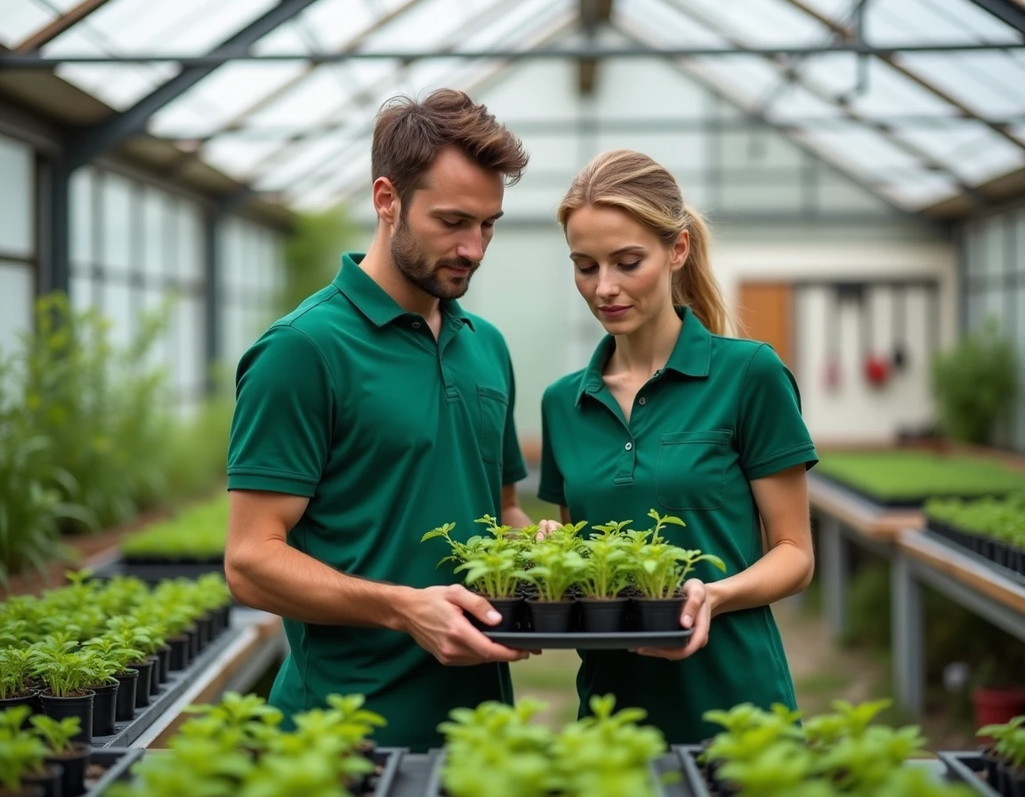 Deux travailleurs en ESAT horticole examinant des plantes en serre, illustrant les conditions de travail et la rémunération en milieu protégé en 2026