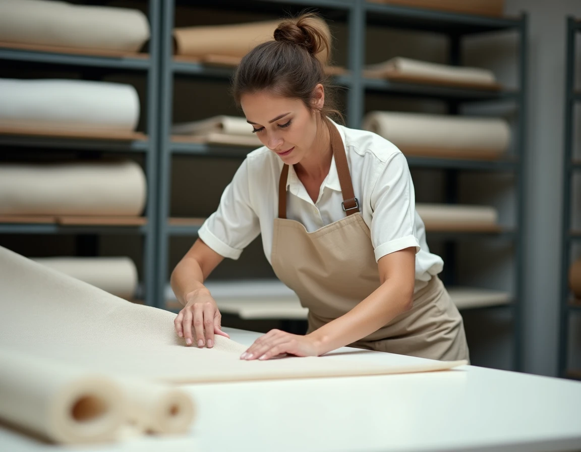 Experte textile examinant un rouleau de tissu tissé dans un atelier professionnel, illustrant l'analyse des caractéristiques et de la définition des matières textiles