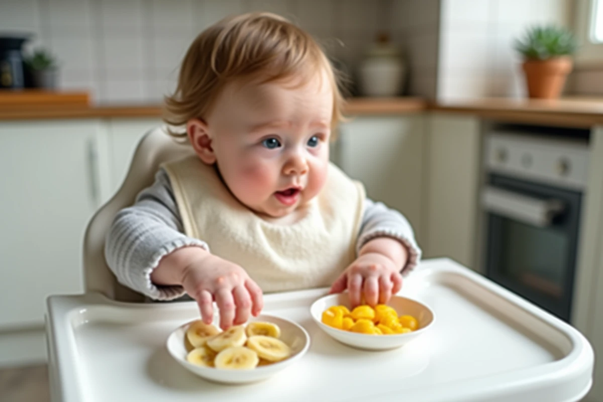 Bébé de 8 mois dans sa chaise haute explorant des textures alimentaires en touchant de la banane écrasée et des pâtes cuites sur le plateau