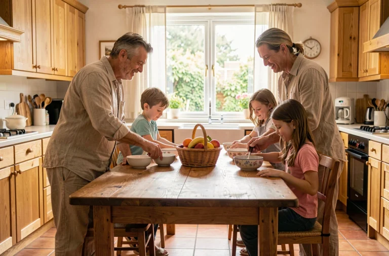 Famille réunie autour d'une grande table en bois dans une cuisine chaleureuse pour un petit-déjeuner du dimanche matin
