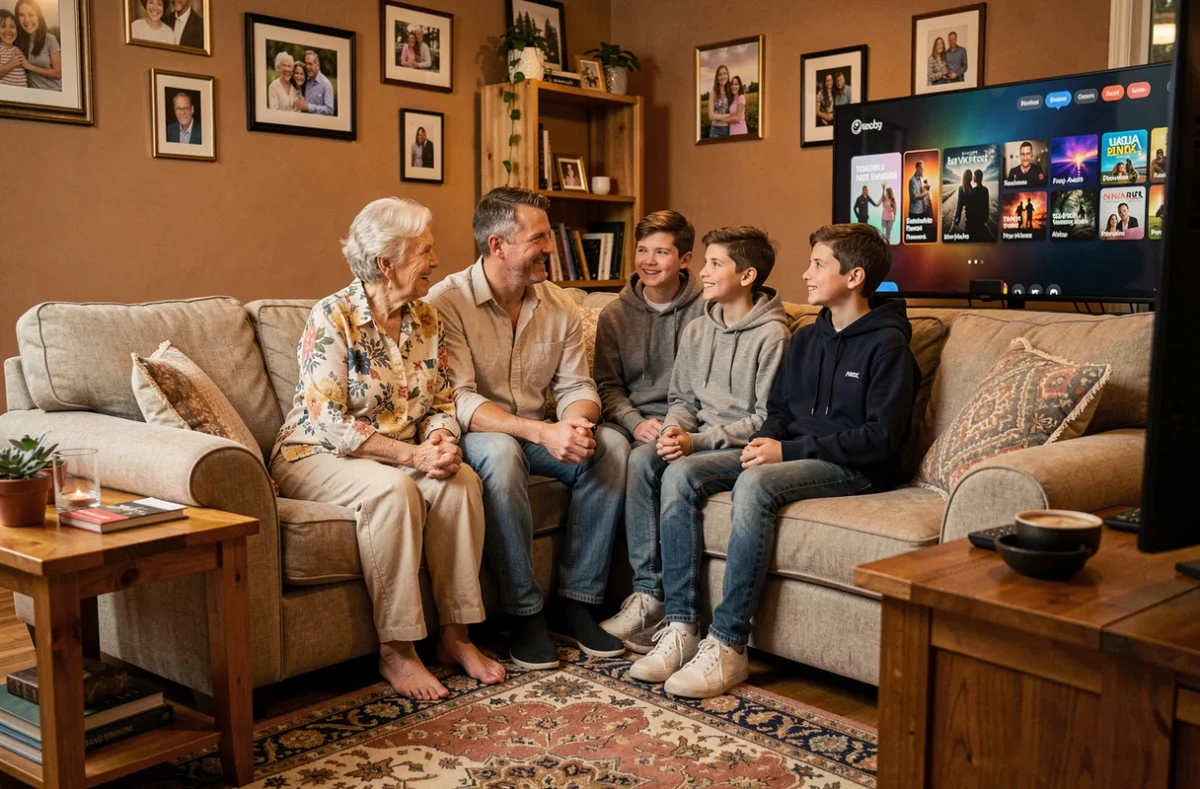 Famille multigénérationnelle réunie dans le salon pour regarder une plateforme de streaming à la demande