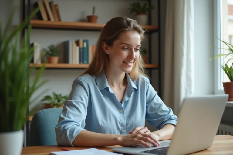Jeune femme au bureau à domicile souriante et concentrée