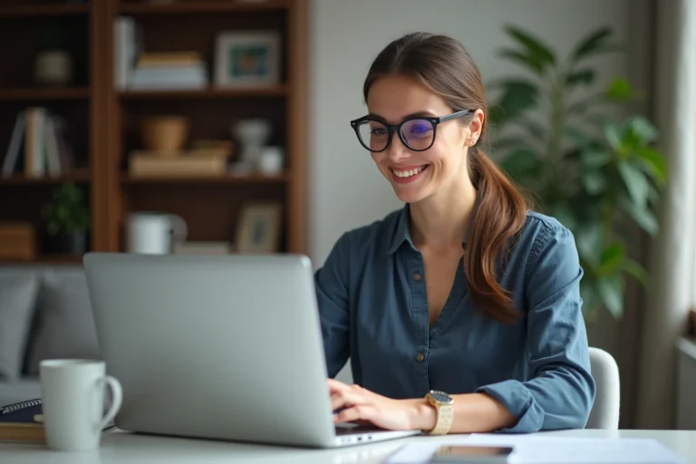 Femme d affaires au bureau naviguant sur portail de paie