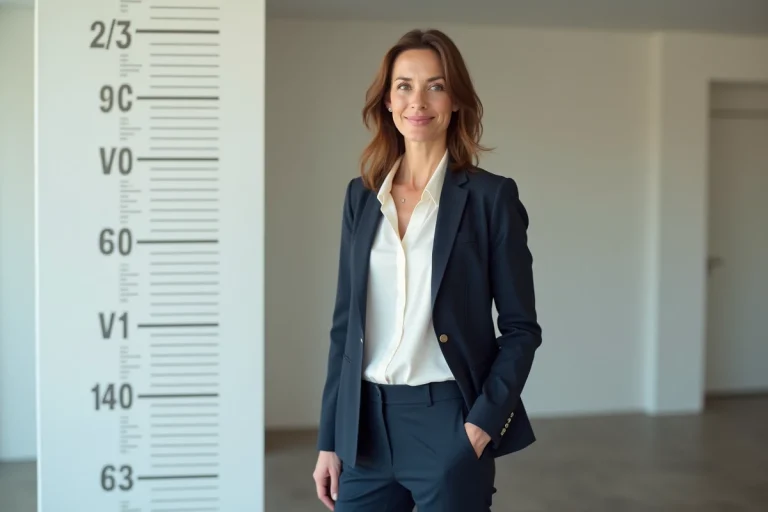 Femme en blazer navy et blouse blanche face à un mur de hauteur