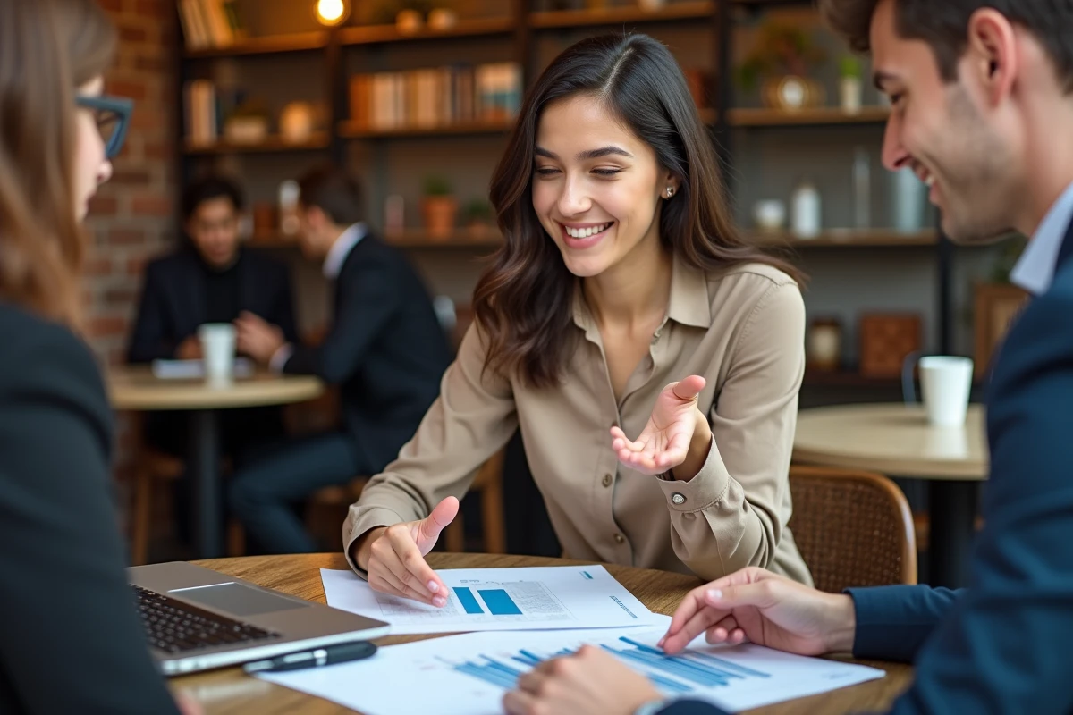 Jeune femme en blouse beige discute avec un collègue au café
