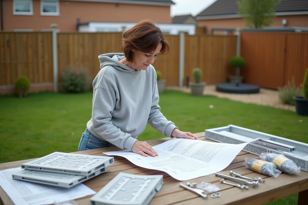 Femme consultant les instructions de montage d'une véranda en kit dans un jardin de maison individuelle