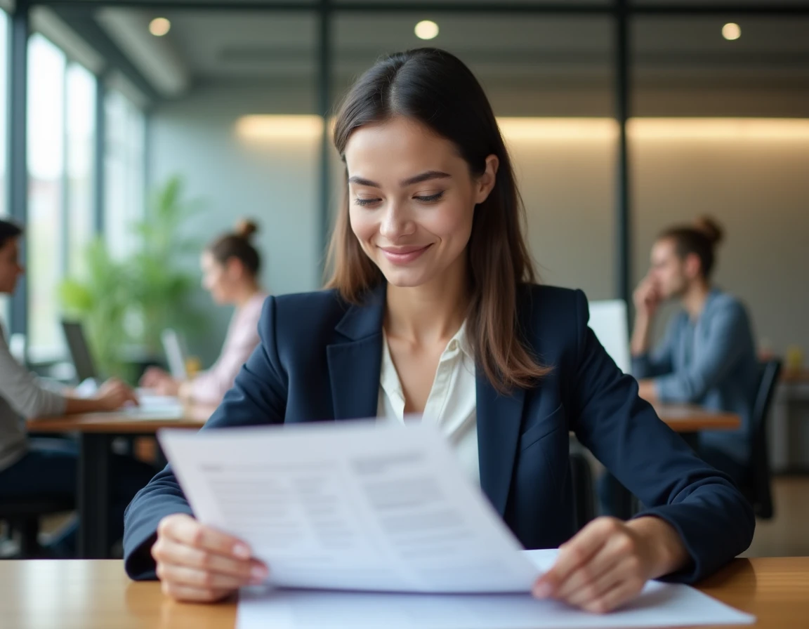 Femme professionnelle consultant des offres d'emploi sur un bureau moderne dans un open space contemporain