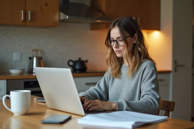 Femme assise à une table de cuisine compare des prêts en ligne