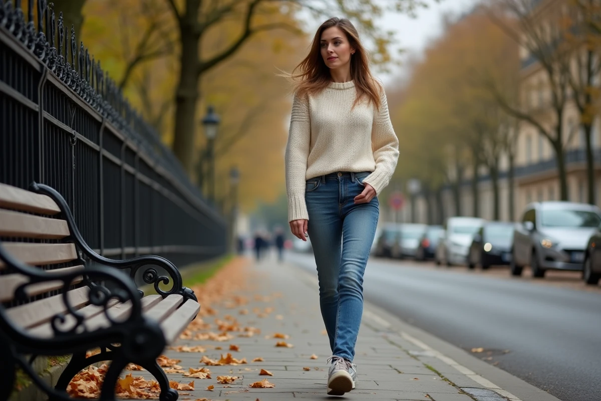 Femme en jeans et pull marchant dans une rue parisienne automne