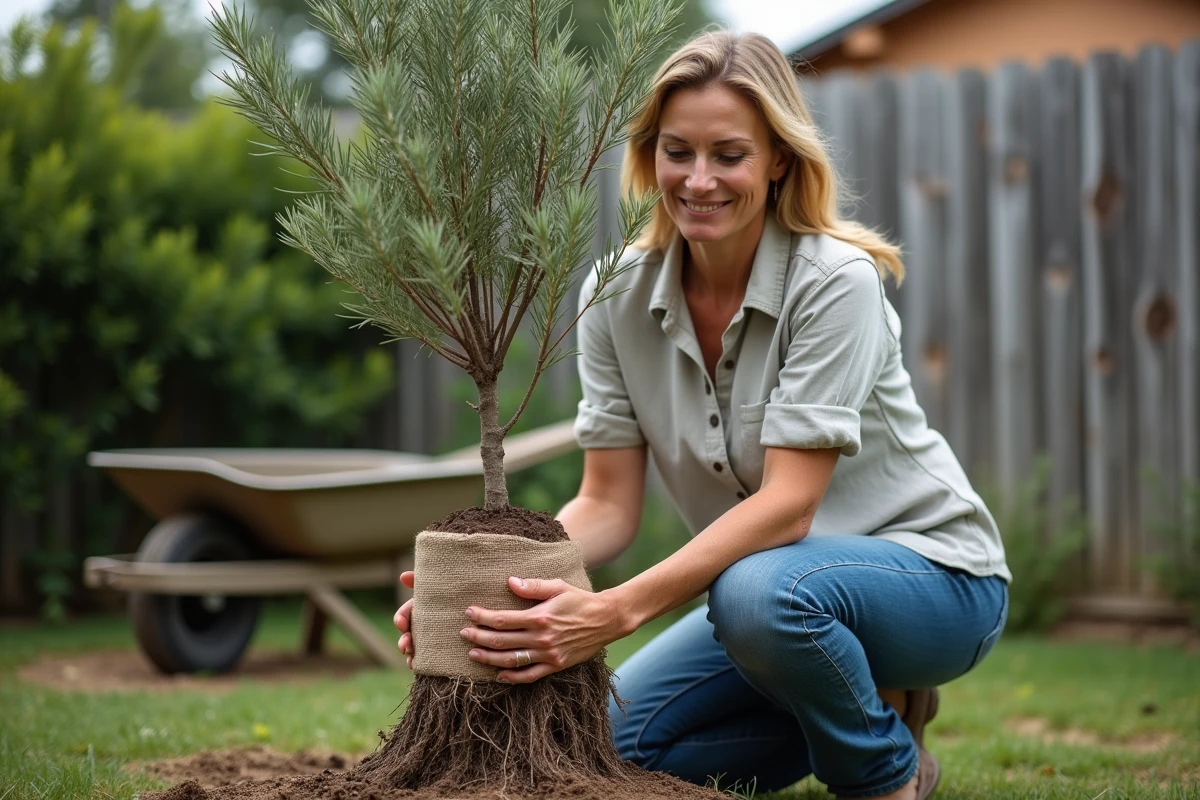 Femme tenant un jeune olivier dans un jardin suburbain