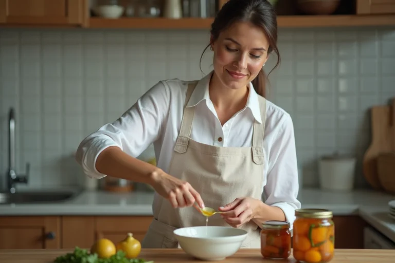 Femme versant de l'huile de paraffine dans un bol en cuisine